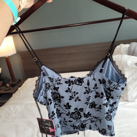 Mixed Threads LA  Wild Fable Mesh Lace Crop Cami Tank Top Blue Women's Sz L Bin2 - Picture 2 of 10